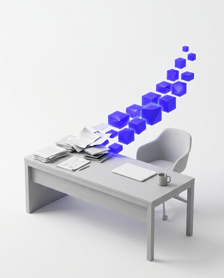 A cluttered desk buried in paperwork, with the papers transforming into orderly glowing indigo blocks
